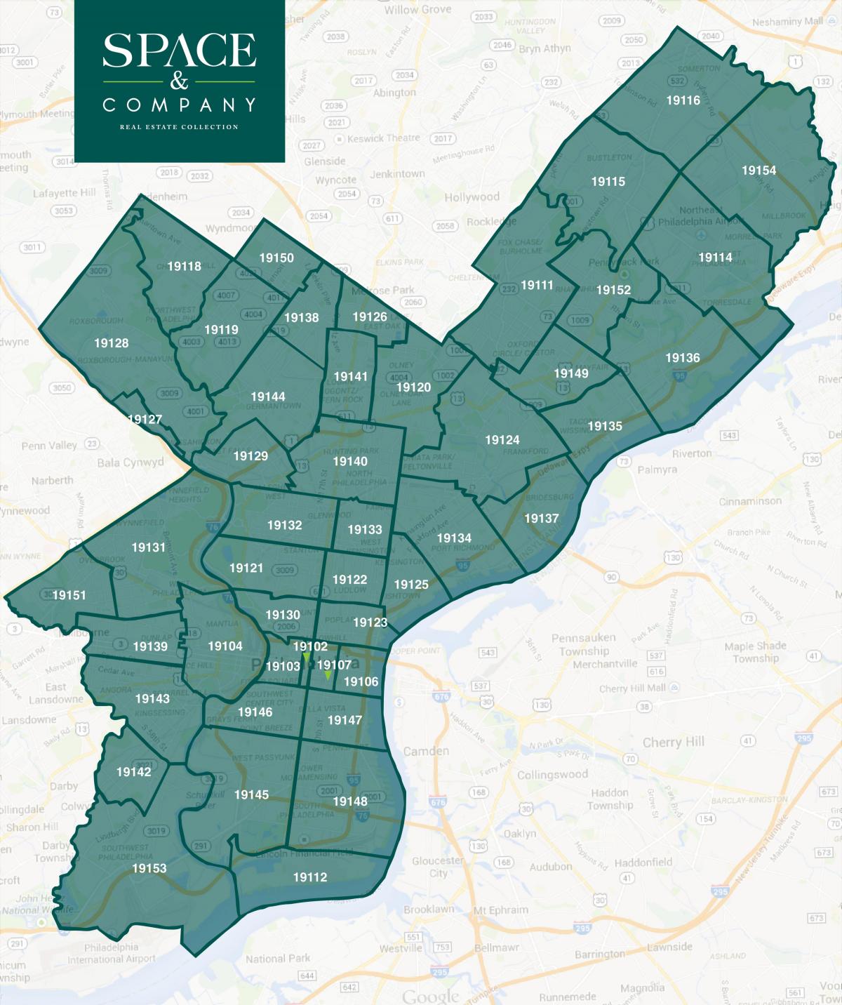mapa de centro de la ciudad de Filadelfia código postal